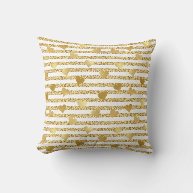 Elegant Chic Gold Hearts Glitter Stripes Throw Pillow (Front)