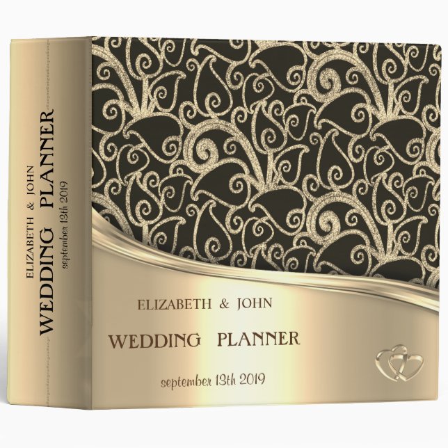 Elegant Chic Gold Hearts, Gold Glitter Swirls 3 Ring Binder (Front/Spine)