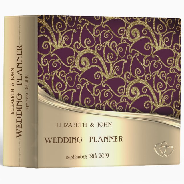 Elegant Chic Gold Hearts, Gold Glitter Swirls 3 Ring Binder (Front/Spine)