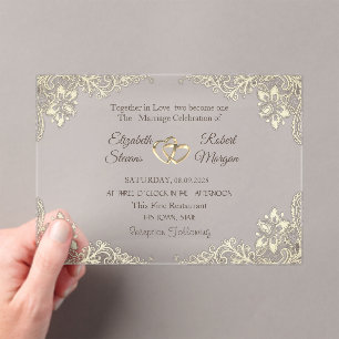 Elegant Chic Gold Hearts Lace Wedding  Acrylic Invitations