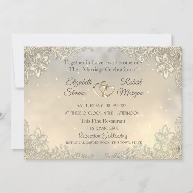 Elegant Chic Gold Hearts Lace Wedding Invitation | Zazzle