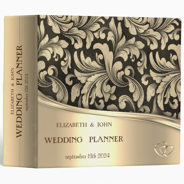 Elegant Chic Gold Hearts,Old Gold Swirls 3 Ring Binder (Front/Spine)