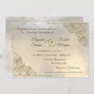 Gold foil wedding invite with Gold Hearts