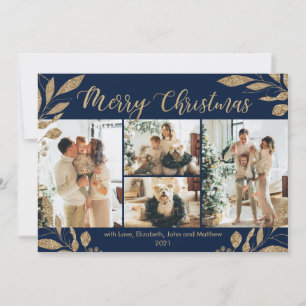 Elegant Chic Gold Leaves 4 Photo Christmas Card