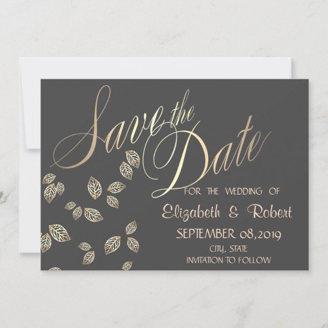 Elegant Chic Gold Leaves Save The Date (Front)