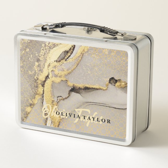 Elegant chic  gold marble Personalized Name Metal Lunch Box (Back)