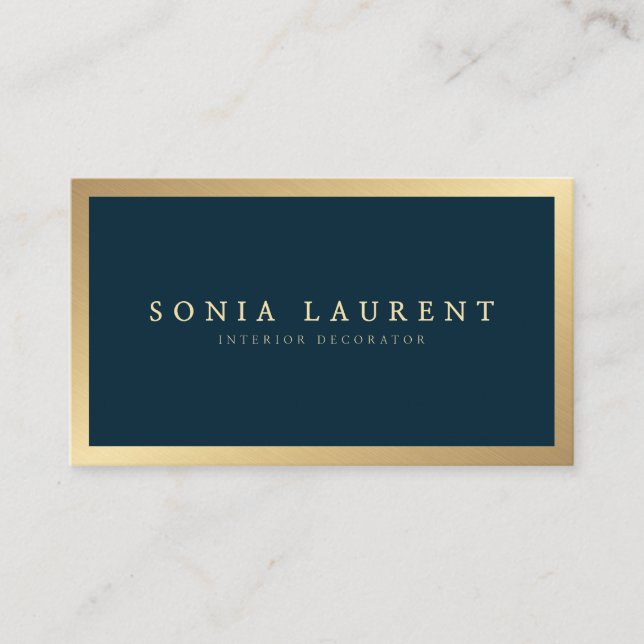 Elegant chic gold metallic navy blue minimalist business card (Front)