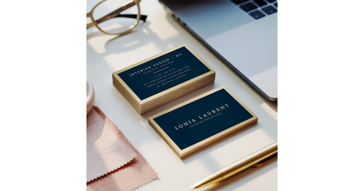 Elegant chic gold metallic navy blue minimalist business card | Zazzle