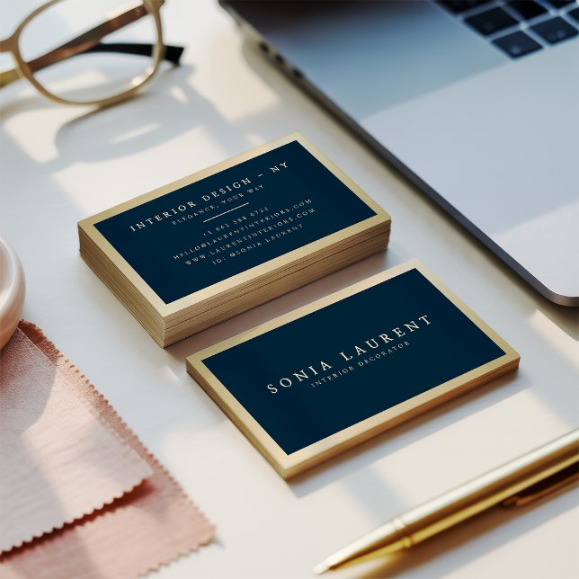 Elegant chic gold metallic navy blue minimalist business card (Elegant chic gold metallic navy blue minimalist)