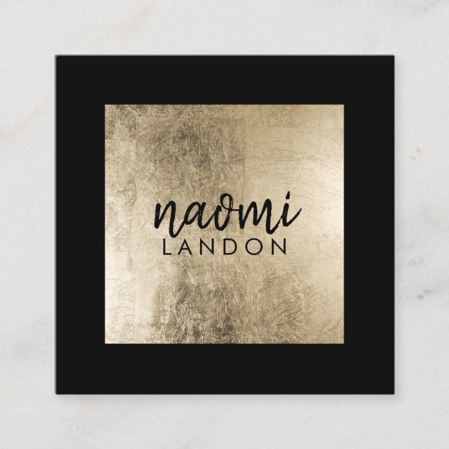 Elegant chic gold modern square minimalist black business card (Front)