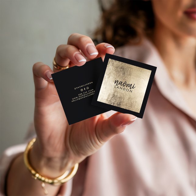 Elegant chic gold modern square minimalist black business card (Elegant chic gold modern square minimalist black)