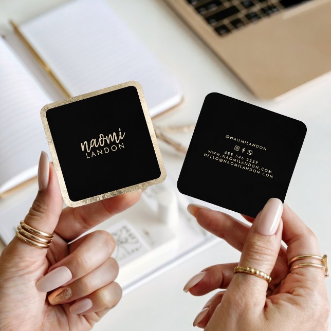 Elegant chic gold modern square minimalist black square business card (Elegant chic gold modern square minimalist black)