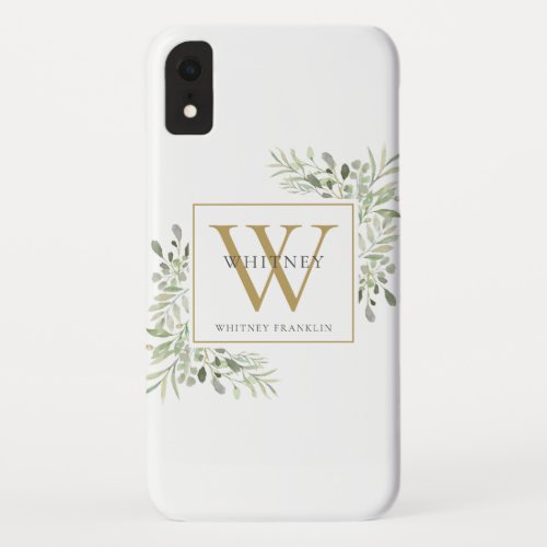 Elegant Chic Gold Monogram Greenery iPhone XR Case