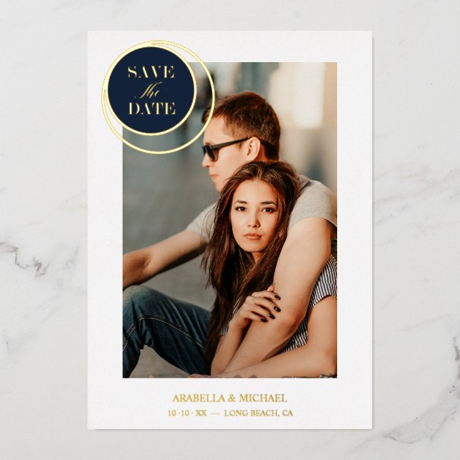 Elegant Chic Gold Navy Photo Sophisticated Wedding Foil Invitation (Front)
