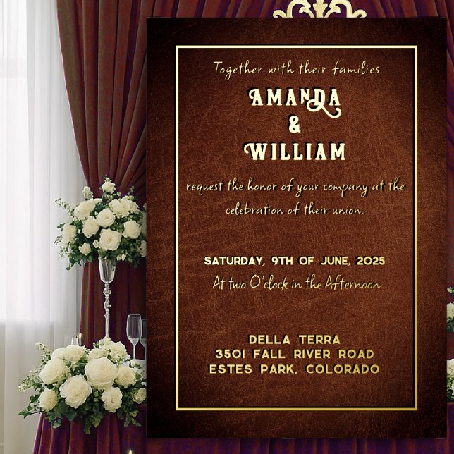 Elegant Chic Gold on Brown Leather Wedding Foil Invitation (Creator Uploaded)
