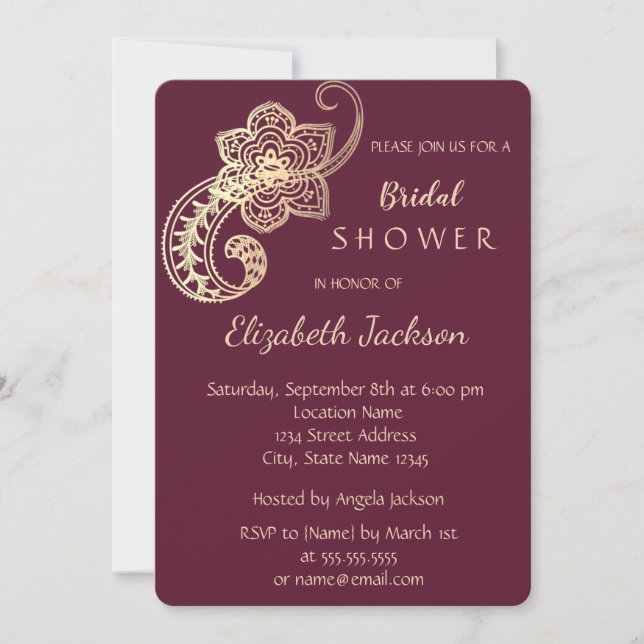 Elegant Chic Gold Paisley  Bridal Shower Invitation (Front)