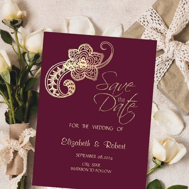 Elegant Chic Gold Paisley Burgundy Save The Date (Creator Uploaded)