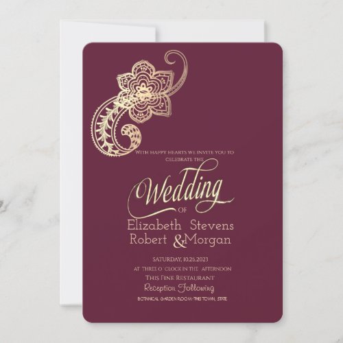 Elegant Chic Gold Paisley Burgundy Wedding   Invitation