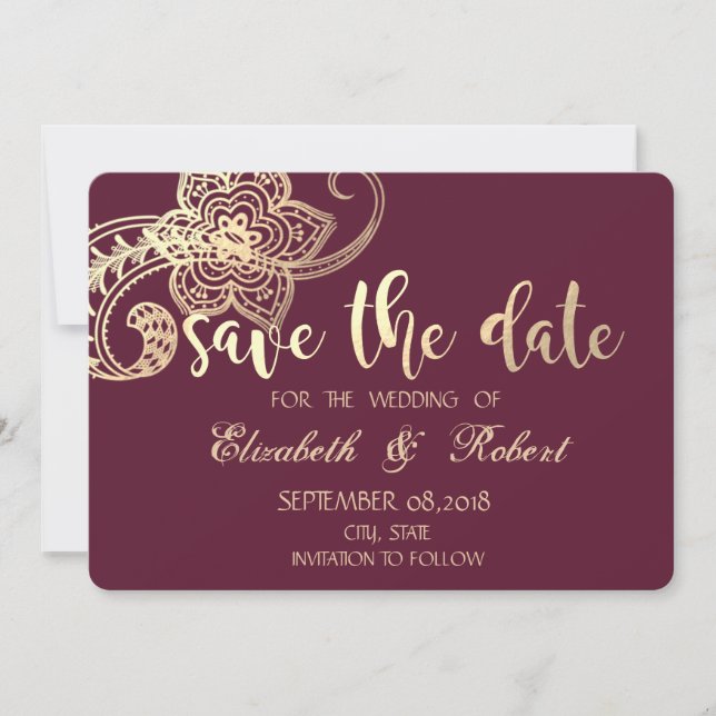 Elegant Chic Gold Paisley  Save The Date (Front)