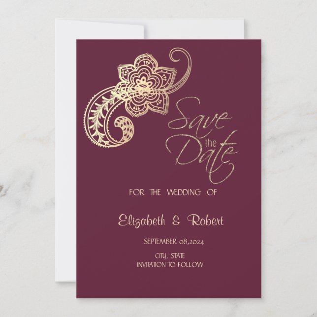 Elegant Chic Gold Paisley Stars  Save The Save The Date (Front)