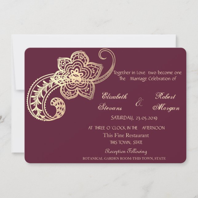 Elegant Chic Gold Paisley   Wedding Invitation (Front)