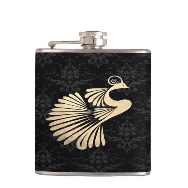 Elegant Chic Gold Peacock , Black Damask Flask (Front)