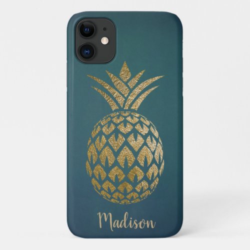 Elegant Chic Gold Pineapple Teal Custom iPhone 11 Case