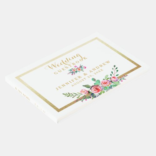 Elegant Chic Gold Pink Floral Personalized Wedding Guest Book