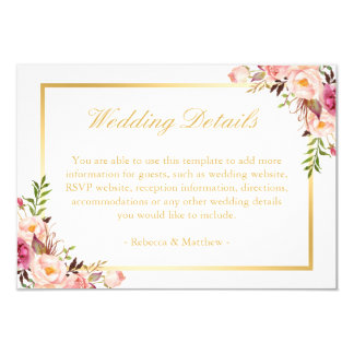 Elegant Chic Gold Pink Floral Wedding Details Card