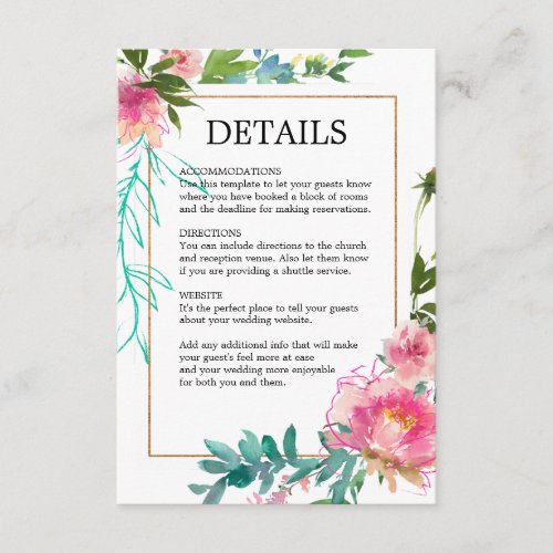 Elegant Chic Gold Pink Floral Wedding Details Enclosure Card