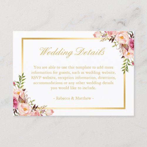 Elegant Chic Gold Pink Floral Wedding Details Enclosure Card
