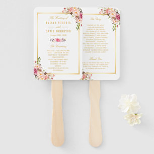 Elegant Chic Gold Pink Floral Wedding Program Hand Fan