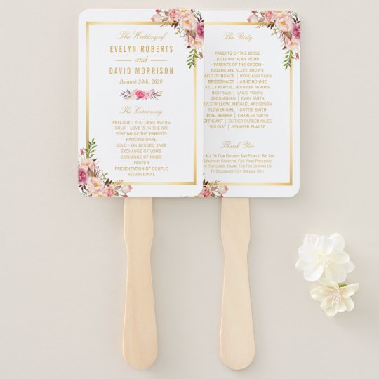 Elegant Chic Gold Pink Floral Wedding Program Hand Fan Zazzle Com