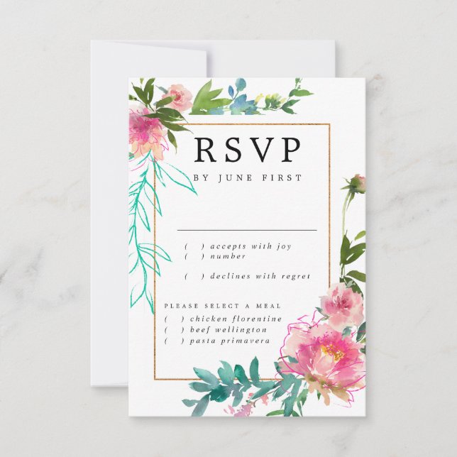 Elegant Chic Gold Pink Floral Wedding RSVP Card (Front)