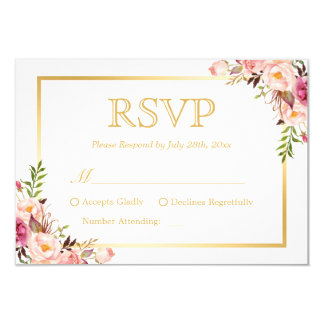 Elegant Chic Gold Pink Floral Wedding RSVP Reply Card