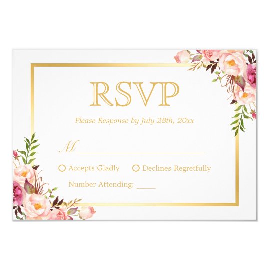 Elegant Chic Gold Pink Floral Wedding RSVP Reply Card