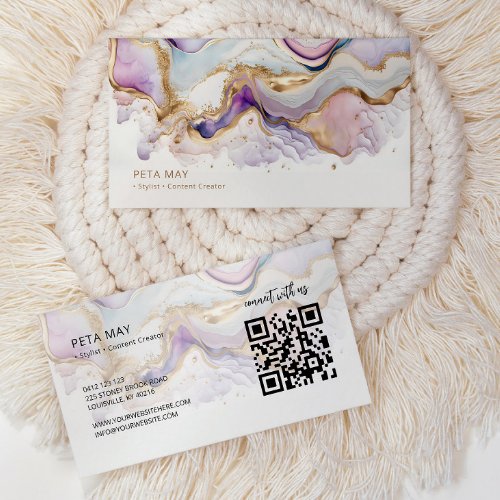 Elegant Chic Gold  Purple Abstract Watercolour QR Business Card