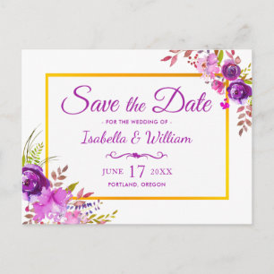 Elegant Chic Gold Purple Floral Save the Date Announcement Postcard