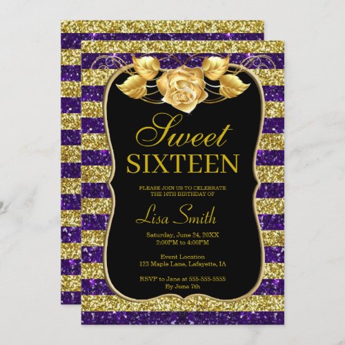Elegant Chic Gold Purple Glitter Rose Sweet 16 Invitation