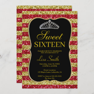 Elegant Chic Gold Red Glitter Tiara Sweet 16 Invitation
