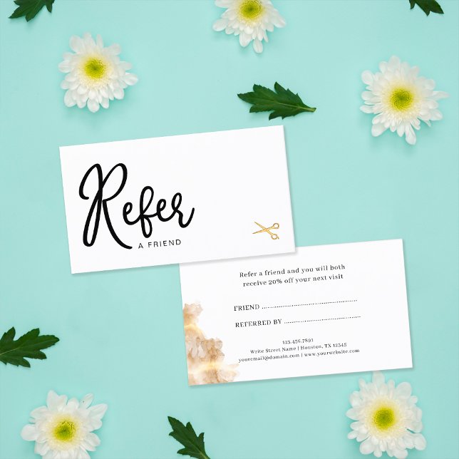 Elegant Chic Gold Scissors Hair Stylist Customer Referral Card (Front and Back)