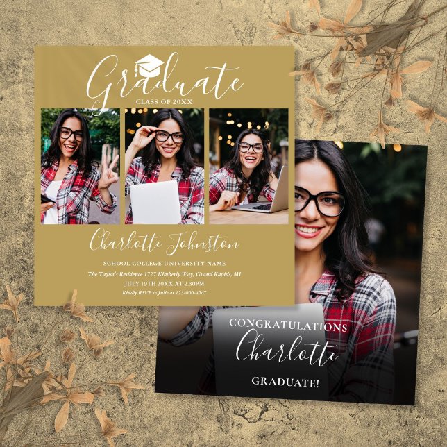 Elegant Chic Gold Script 4 Photo Graduation Party  Invitation (Elegant Chic Gold Script 4 Photo Graduation Party Invitation)