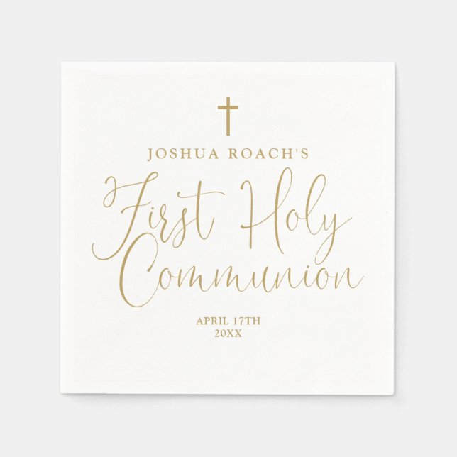 Elegant Chic Gold Script First Holy Communion Napkins (Front)