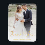 elegant chic gold script wedding photo thank you  magnet<br><div class="desc">background photo by freepik.com Chic Gold Script Photo Wedding Thank You Magnet | Elegant Modern Calligraphy Custom Wedding Keepsake Send a lasting token of your gratitude with our Chic Gold Handwritten Wedding Photo Thank You Magnet. This design features a sophisticated, modern script typography in a faux gold finish that adds...</div>