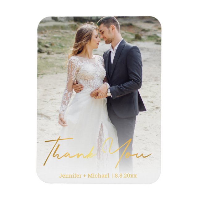 elegant chic gold script wedding photo thank you  magnet (Vertical)