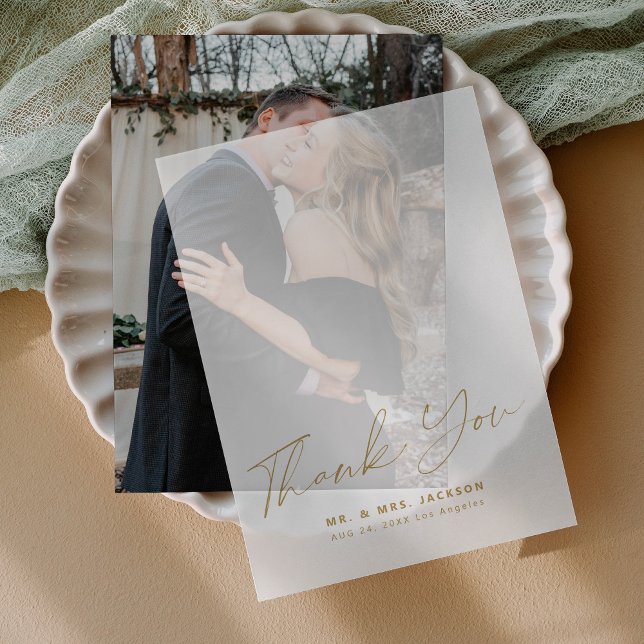 Elegant chic gold script wedding thank you overlay vellum invitations (The base card with custom photo can be purchased separately - please see the collection)