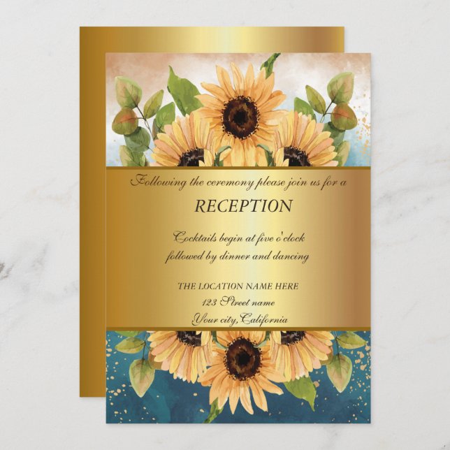 Elegant Chic Gold,Sunflowers Wedding Reception Invitation (Front/Back)