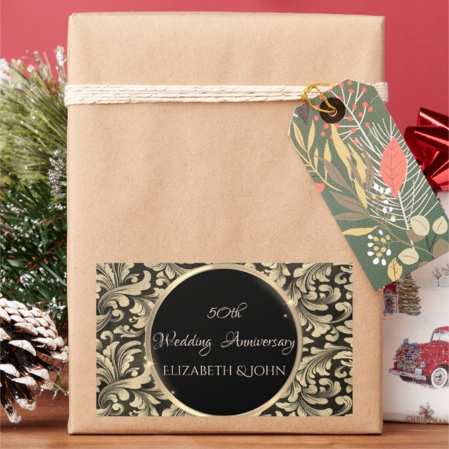 Elegant Chic Gold Swirls Anniversary Rectangular Sticker (Holiday)