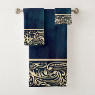 Elegant Chic Gold Swirls Blue Bath Towel Set
