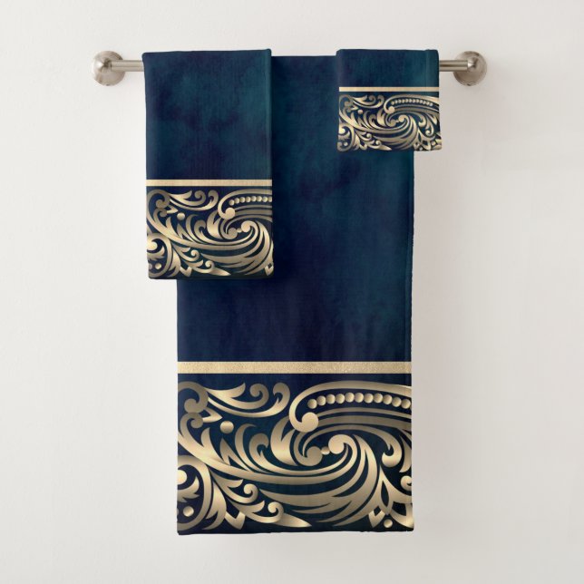 Elegant Chic Gold Swirls Blue Bath Towel Set (Insitu)